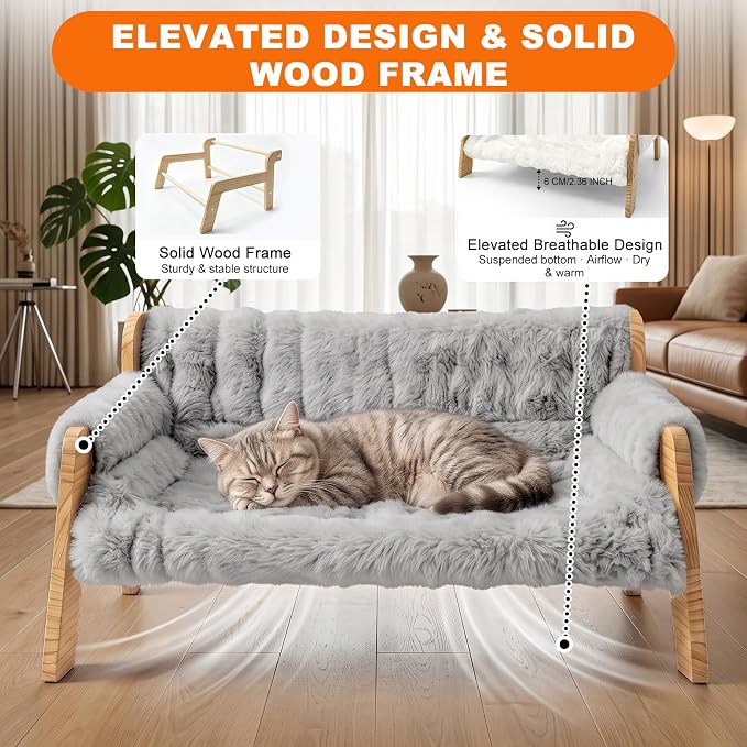 homegroove Elevated Cat Couch Bed, Wood Cat Sofa for Indoor Cats, Gray | 27"L x 18"W x 11.8"H, solid wood cat bed with removable washable cushion, available in white and gray, for cats & small dogs