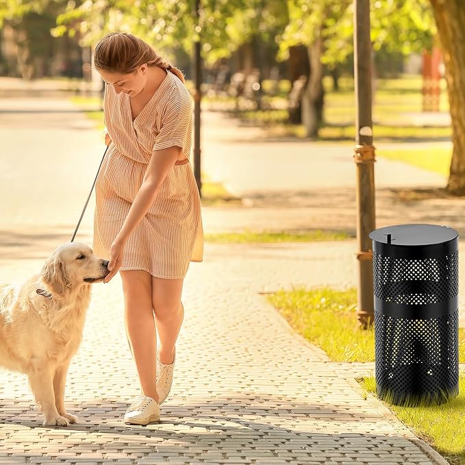 Dansydaisy Round Outdoor 10 Gallon Capacity Trash Can with Lid for Dog Waste Station - Rust Free UV Powder Coated - Designed to Mount on Any Post or Wall(Black)