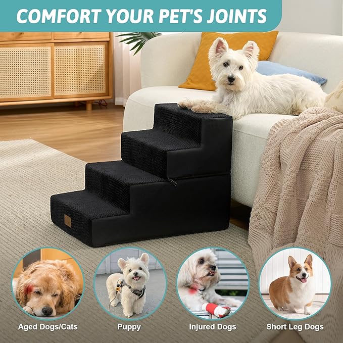Dog Stairs for Small Dogs, 4 Tier Removable Wider Pet Stairs for Couch and Bed, 17.7" H Dog Steps for Old Cats, Puppy, Small Dogs, 17.7x23.6x17.7 inch, Black