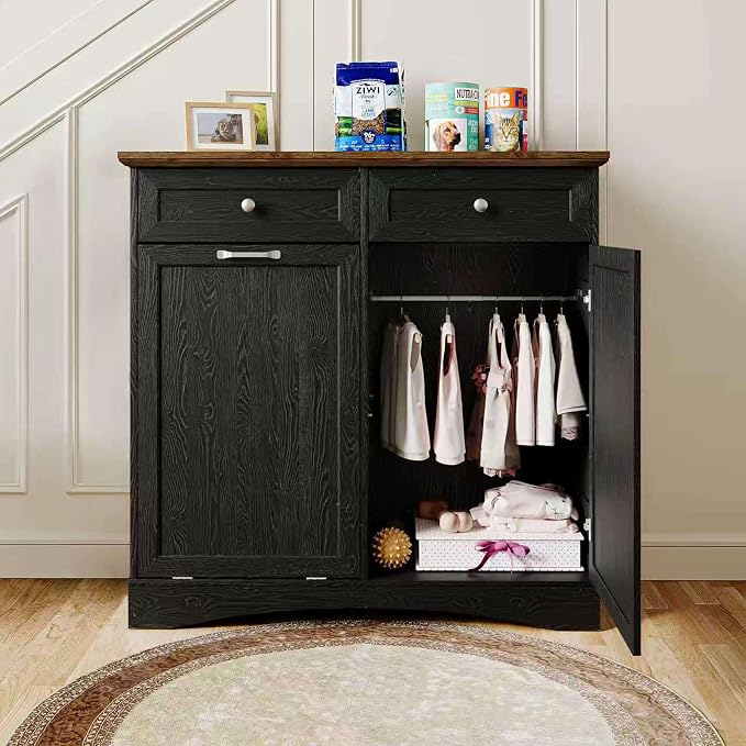 FIMELLO 39.7’’W Dual Doors Dog Food Storage Cabinet, Tilt-Out Dog Feeding Station with 4 Feeding Bowls, Pet Feeder Cabinet, Black Grain