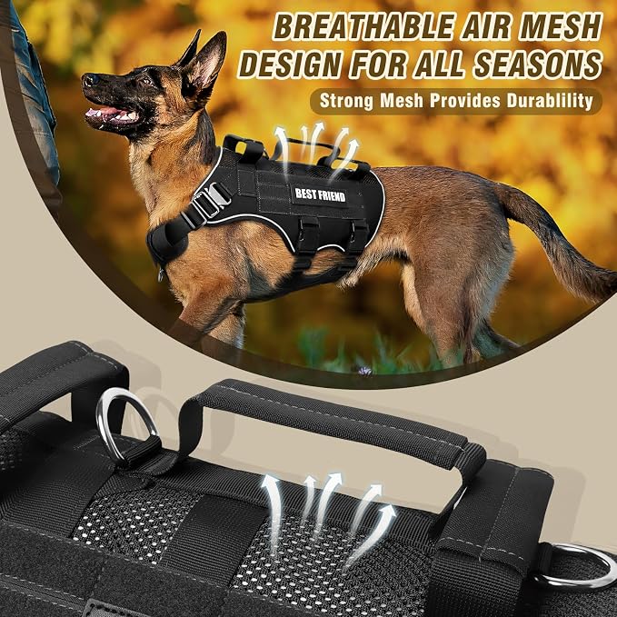 Air Mesh Tactical Dog Harness with Metal Buckles&MOLLE,Black XL | Breathable Adjustable No Pull Service Dog Vest with 3 Padded Handles,Military Dog Harness for Training Hiking Hunting Working