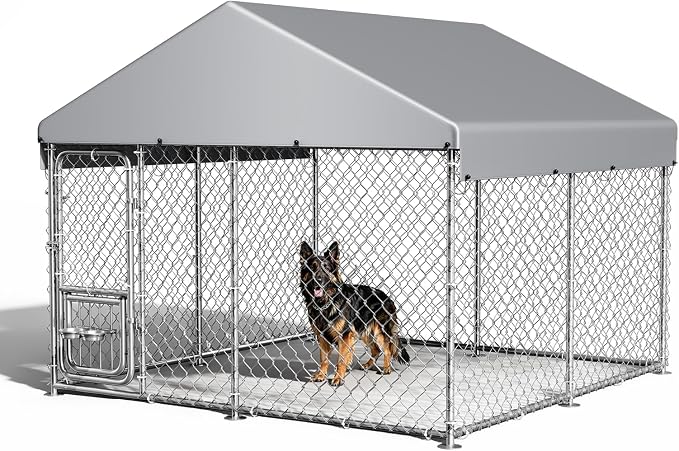 GarveeLife Dog Kennel Outdoor with Waterproof Cover, Outdoor Dog Enclosure with 360° Rotating Feeding Bowls, Dog Kennel Outside for Backyard, 7.5ftx7.5ftx6.6ft