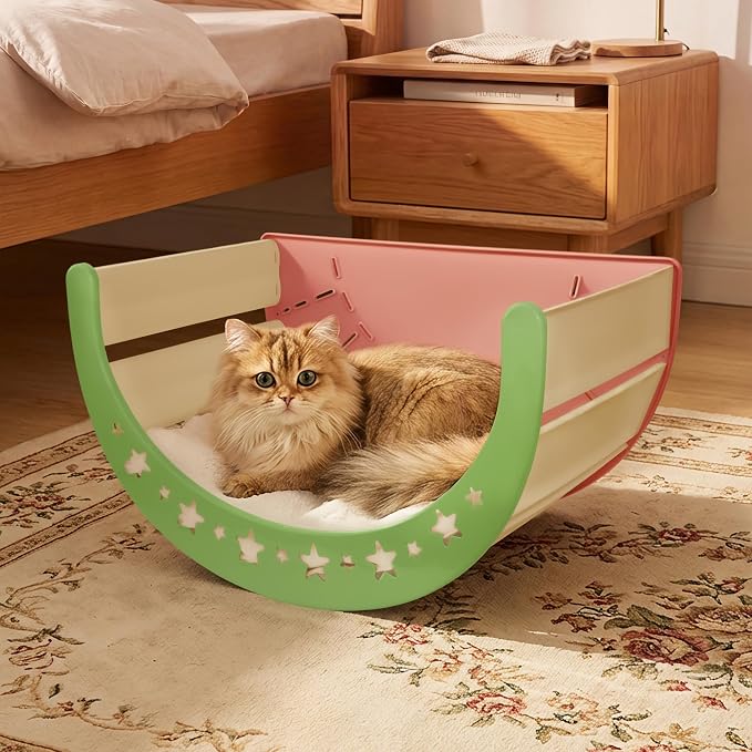 3-in-1 Crescent Elevated Cat Bed with Removable Sisal Scratcher & Soft Fleece Mat, Rocking Cat Hammock Lounge for Indoor Cats, Kittens & Small Animals, Pink