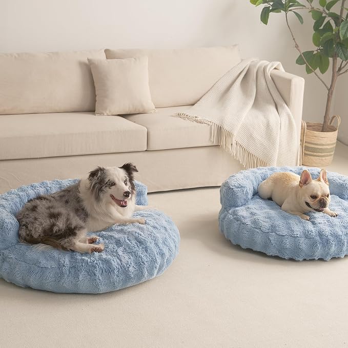 EHEYCIGA Soft Cat Couch Bed for Indoor Cats, Fluffy Small Dog Bed with Removable Washable Cover, Bolster Pet Sofa, Waterproof and Non-Slip, 23" x 23"x 7", Blue