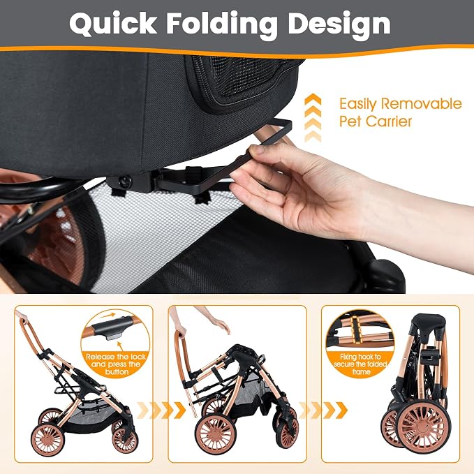 PETSITE 3-in-1 Pet Stroller for Small & Medium Sized Dogs, Foldable 4 Wheels Dog Stroller with Removable Carrier, Sun Shade, Removable Pad, Safety Belt, Storage Basket & Cup Holder