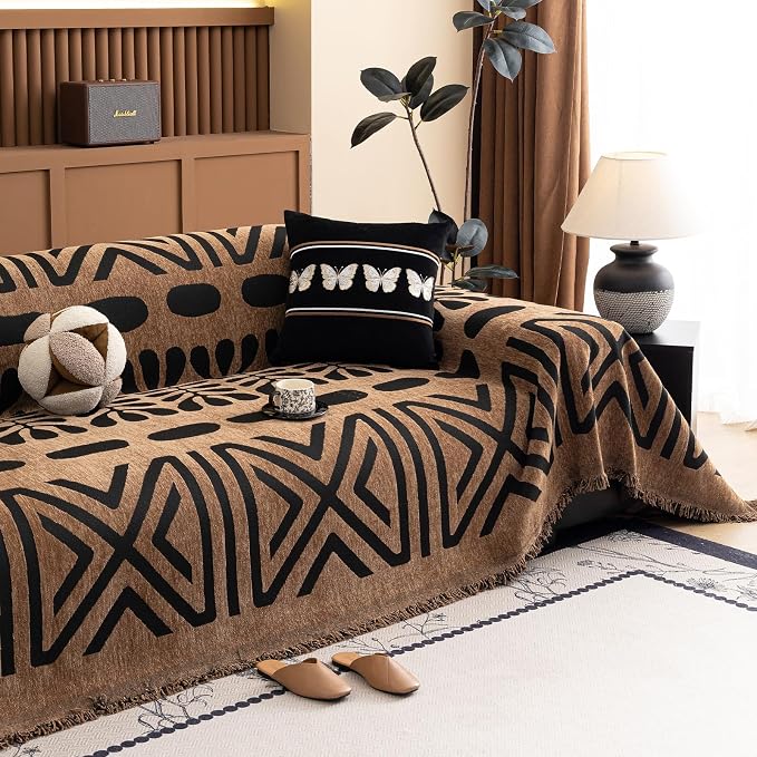 VClife Couch Cover Bohemian Morroccan Sofa Cover Washable Sofa Slipcover for 3 Cushion Couch Sofa Non Slip Soft Chenille Furniture Protector Modern Brown Black Slip Cover for Couch 71''x134''