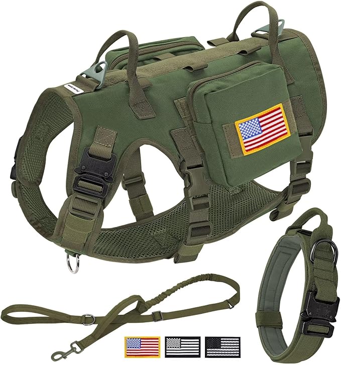 Forestpaw Tactical Dog Harness Collar Bungee Leash Set,L,Green | Adjustable Fits 27-40" Chest,70-140 lbs,No Pull Control Military,Quick Release Buckle,Walking Training for Medium Large Dogs