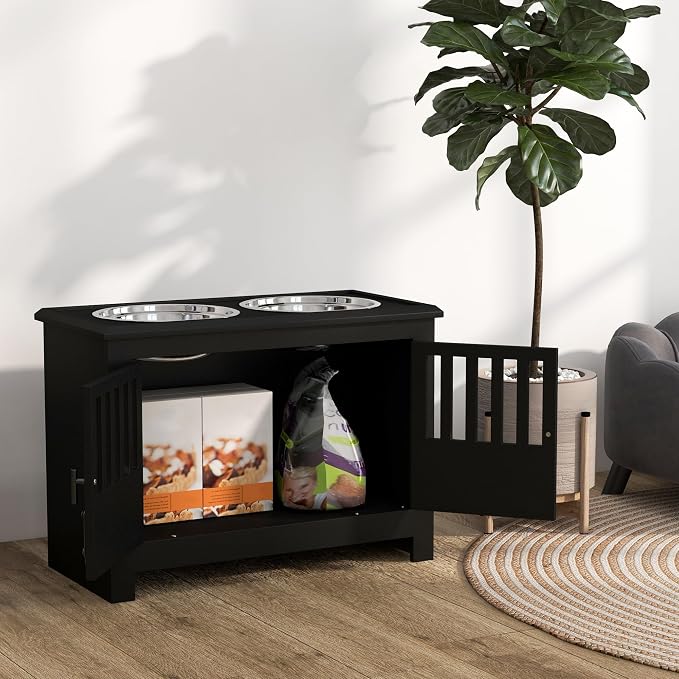 PawHut Large Elevated Dog Bowls with Storage Cabinet - 37L Capacity, Raised Dog Bowl Stand Feeding Station, Black | Raised Dog Bowl Stand Pet Food Bowl Dog Feeding Station