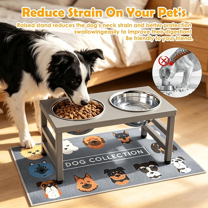 10'' Metal Raised Dog Bowl Stand, Elevated Dog Bowls with 2 Stainless Steel Bowls (1700ml/58oz) & Anti-Spill Mat for Medium/Large Breeds,Gray