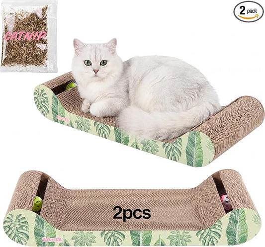 Rini 23.75" Modern Cardboard Cat Scratcher Lounge Bed with Built-in Bell Toys and Catnip, Ergonomic Curved Sofa Design, Mint/Green Leaf Pattern, Set of 2 CSR1003E-SET2
