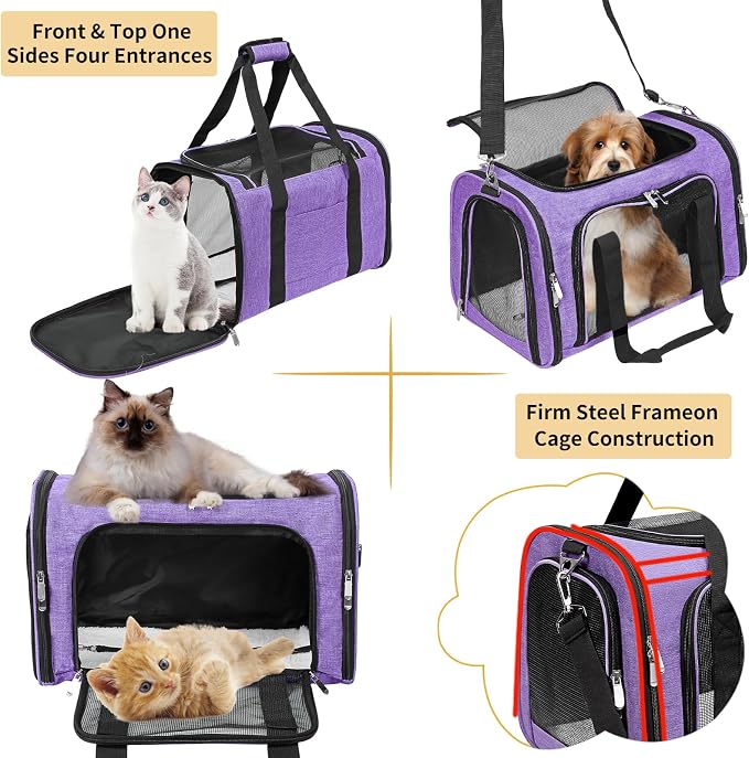 Soft-Sided Cat/Dog/Pet Carrier, Collapsible Pets Travel Carriers for Big Cats/Small Dogs with Shoulder Strap & Removable Mat, Mesh Puppy Carry Bag, Up to 16 Lbs, TSA Airline Approved(Purple)