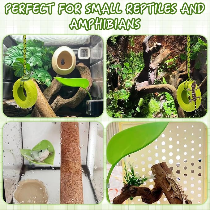 Tree Frog Habitat Toy Plastic Leaf Decorations Tire Swing Habitat Miniature with Suction Cups Frog Habitat Platform Terrarium Decor Accessories for Crested Geckos, Leopard (Green)