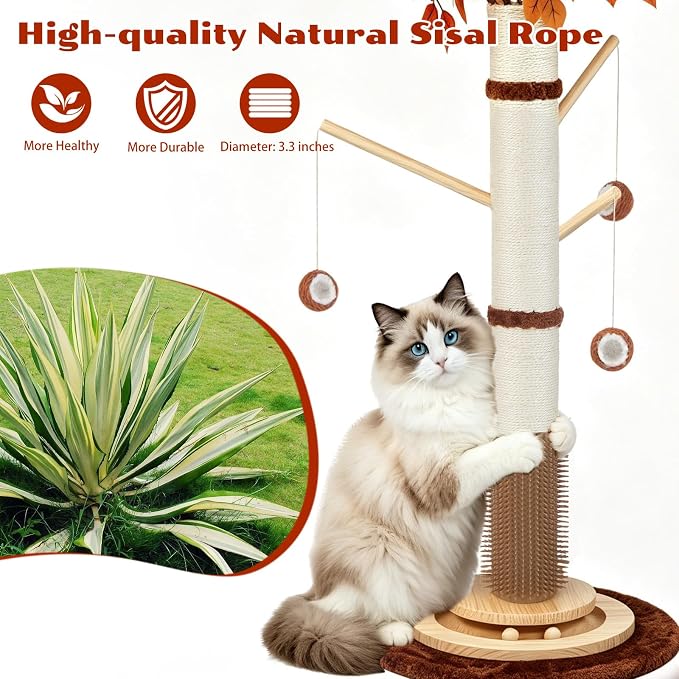 Cat Scratching Post, 46" Tall Scratcher Post for Indoor Adult Cats | Heavy Duty Scratching Post 100% Natural Sisal, Stable 3-Layer Wood Base, Hanging Ball and Track Toy for Indoor Adults Cats