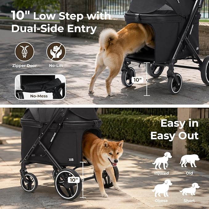 X6 Pet Stroller for Medium Large Pets Up to 70Lbs, Black | 10" Dual-Side Entry, 180° Detachable Canopy, All-Terrain Wheels, Shock Absorption, One-Hand Fold