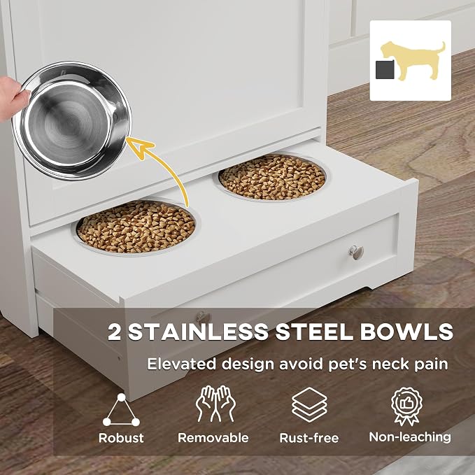 PawHut Dog Feeding Station, 2 Storage Cabinets, Elevated Dog Bowls, White | Side Hooks, Anti-tip Kit, Hidden Pet Feeder Station for Feeding & Watering