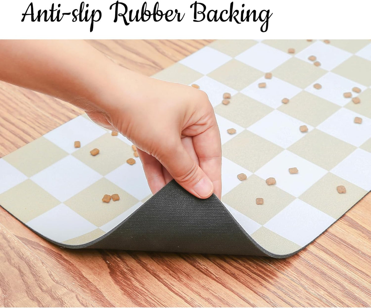 Ralxion Checkered Dog Feeding Mat, Absorbent Mats for Dog Food and Water Bowl, Dispenser, Retro Aesthetic Khaki Beige Checkerboard Pet Placemat for Dogs, Cats, Puppy Accessories, 12" X 19”