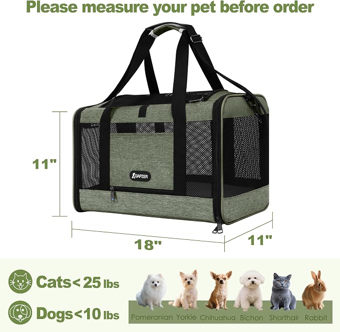 GAPZER Medium Cat Carrier Bag Lightweight, Soft-Sided Small Pet Carry Crate Teacup Breed Dogs, Top Loader Yorkie Kennel Sturdy Durable Mesh up to 15 lbs for Indoor House Dark Green