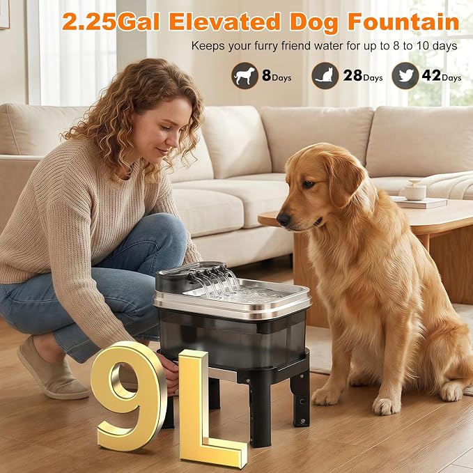 RPZ Dog Water Fountain, 9L Large Capacity Elevated Dog Water Bowl with Filter, 4-Level Adjustable Stainless Steel Water Dispenser for Large Dogs, Quiet Indoor Pet Fountain, No Spill Design