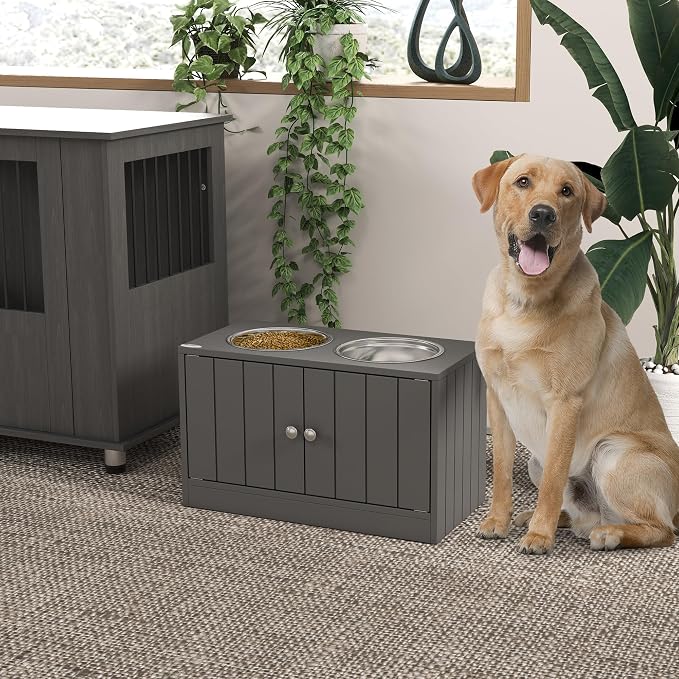 Dog Feeding Station with Storage - Large Dog Bowl Cabinet | Gray, Wood and Metal, 23.5 x 11.75 x 14 In, 44L Storage, 2 Stainless Steel Bowls