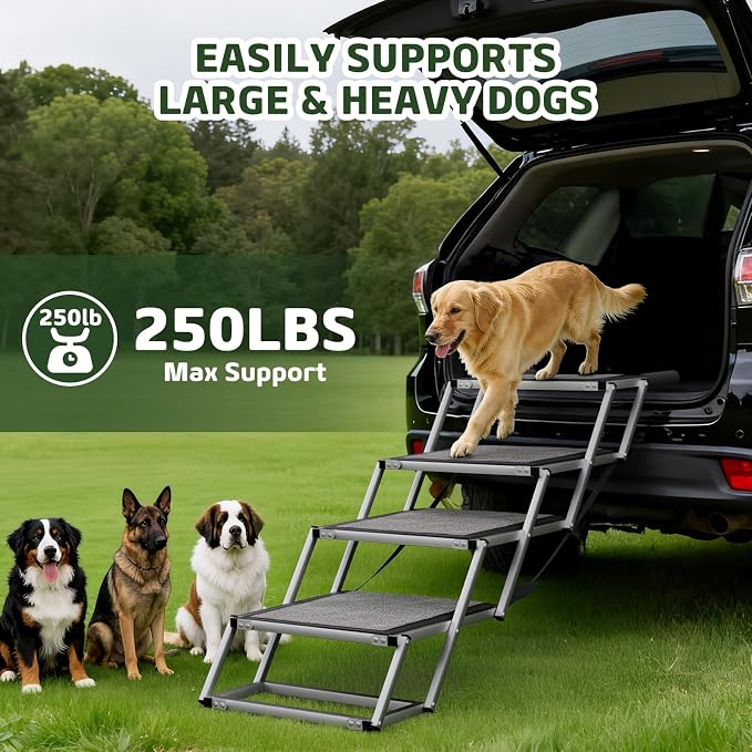 Dog Stairs for Large Dogs, 𝟐𝟎'' 𝐄𝐱𝐭𝐫𝐚 𝐖𝐢𝐝𝐞 Foldable Dog Ramp for Car, SUV & Truck, Non-Slip DogSteps for High Beds, 4-Step Aluminum Frame, Supports up to 250 lbs