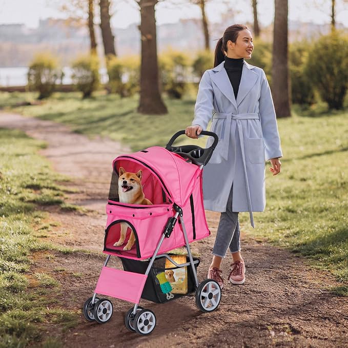 LEMY Foldable Pet Stroller,4 Wheels Cat/Dog Stroller with Weather Cover for Small/Medium Dogs and Cats,Pink Pet Strolling Cart with Storage Basket and Cup Holder
