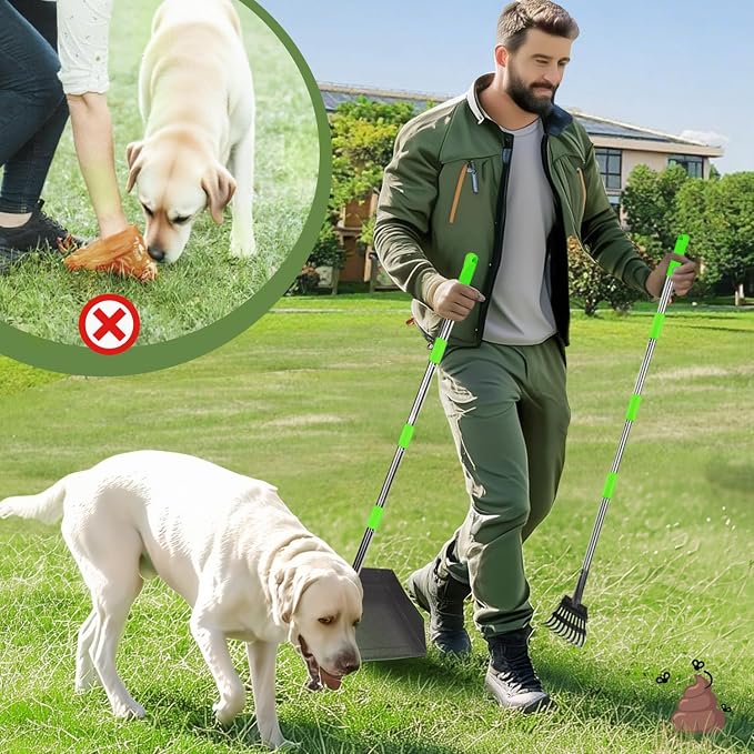 T2Y Pooper Scooper Extra Long Handle, Rake & Tray Set for Large Dogs | 48" Tall No-Bend | 9.4'' Large Tray | Stainless Steel | Adjustable | Works on Grass, Gravel & Dirt | Easy to Install