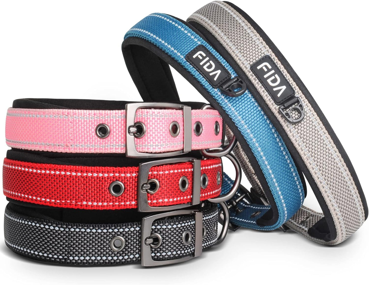 Fida Heavy Duty Dog Collar, Ultra Comfortable Soft Neoprene Padded, Adjustable Reflective Nylon Pet Collar with Durable Metal Belt Buckle for Medium Breeds (M, Red)