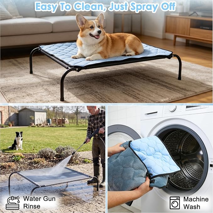 SZEE Elevated Dog Bed, Cooling Dog Cot Bed, Support Up to 65 LBS for Small Breeds, with Durable Steel Frame, Reversible Ice Silk Mat & Sturdy Teslin Mesh, Outdoor & Indoor All-Season Use - S