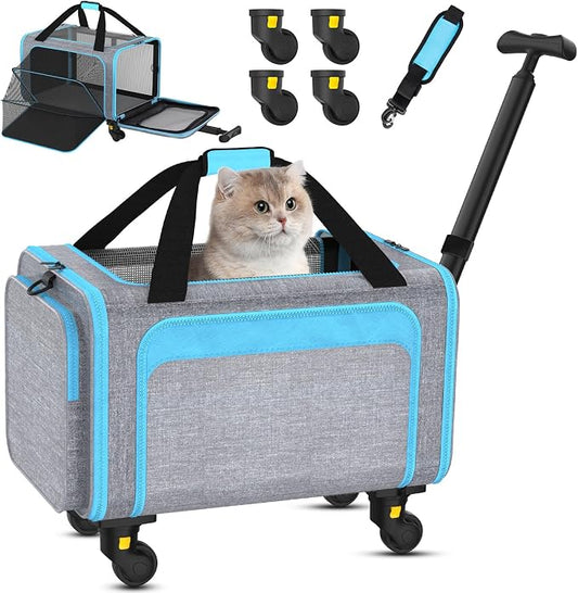 Airline Pet Carrier with Wheels, 18x11x11 for Cats & Toy Dogs | Soft-sided nylon under-seat bag, removable wheels, expandable mesh, cats & toy-breed dogs, measure pet before buying