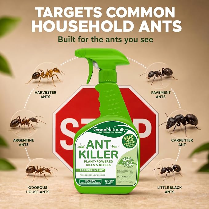 Ant Killer– Peppermint Oil Ant Spray for Indoor & Outdoor Use– Natural Ant Repellent & Ant Killer for Home– Safe Around Kids & Pets Pest Control Solution (16oz)