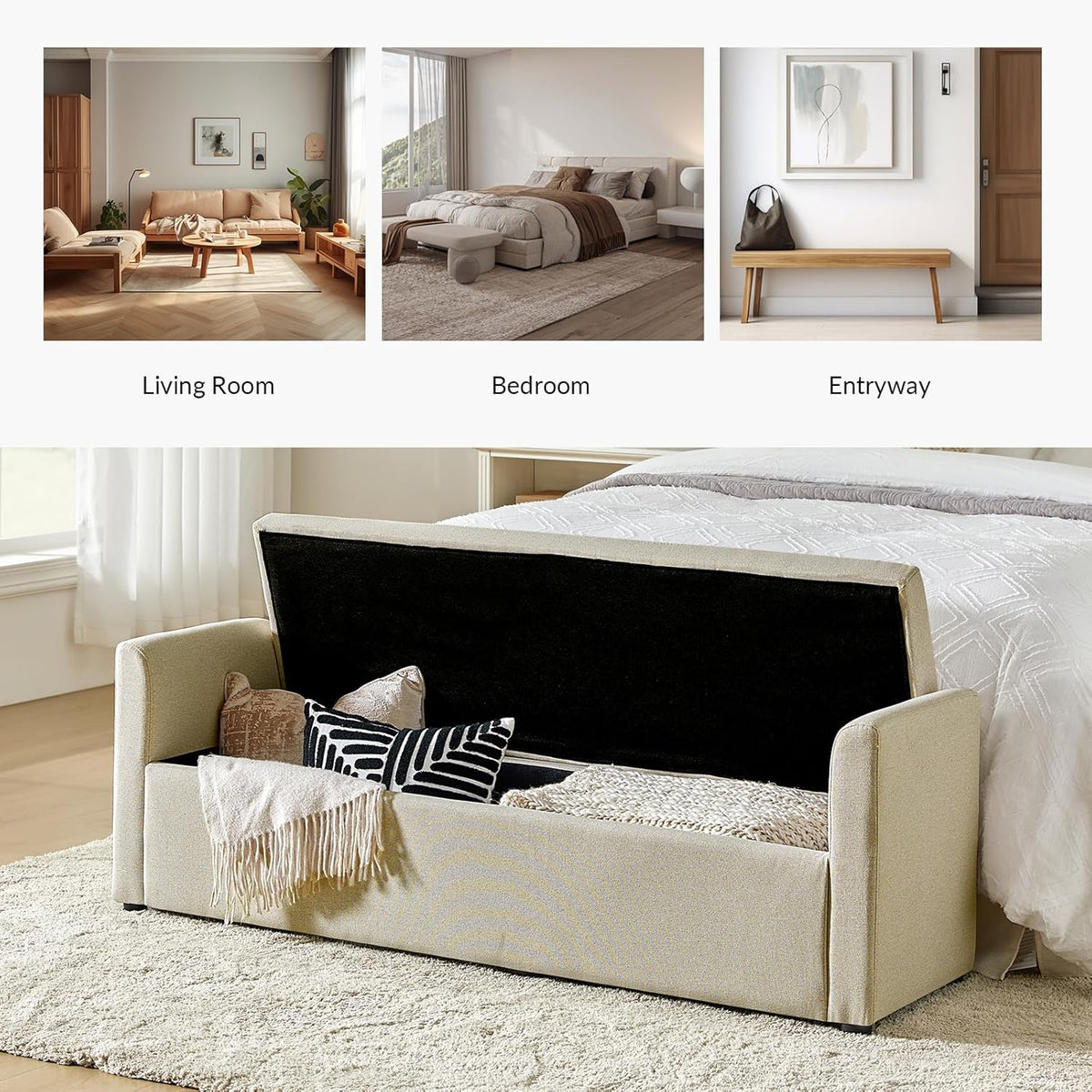 HULALA HOME Modern Storage Bench with Throw Pillows, 59.4" Extra Long Bedroom Ottoman Bench for End of Bed, Comfy Upholstered Footstool for Entryway Dining Room Living Room, Beige
