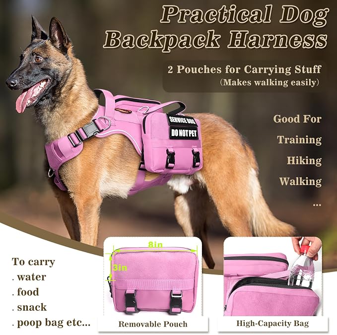 Service Dog Vest with Removable Backpack for Medium Dogs Pink M | No Pull Adjustable Dog Harness with Pockets,Soft Padded Handles&Molle for Patches,Heavy Duty for Training Hiking Hunting