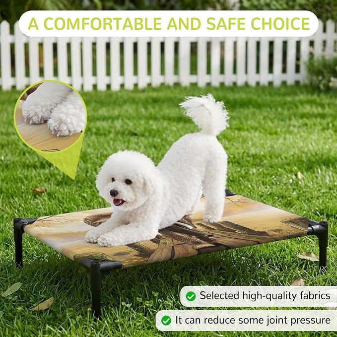 Outdoor Elevated Dog Bed for Medium Dogs, Elephants Breathable Cooling Raised Dog Cot for Indoor/Outdoor, Branches Trees Modern Art Animals Waterproof Elevated Pet Beds, M 24 x 20 in