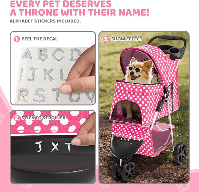 Magshion 3-Wheel Pet Stroller, Foldable Travel Jogger for Small & Medium Dogs & Cats (Up to 33lbs), Lightweight Carrier with Breathable Mesh Cover, Cup Holder & Storage Basket, Hot Pink Polka Dots
