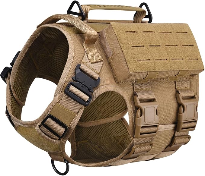 AIWAI Tactical Dog Harness with Handle for Large Dogs,2X Metal Buckle, Dog MOLLE Vest with Pockets,No Pull Adjustable Pet Harness, Easy Control Dog Vest Harness for Working Training (Khaki, Large)