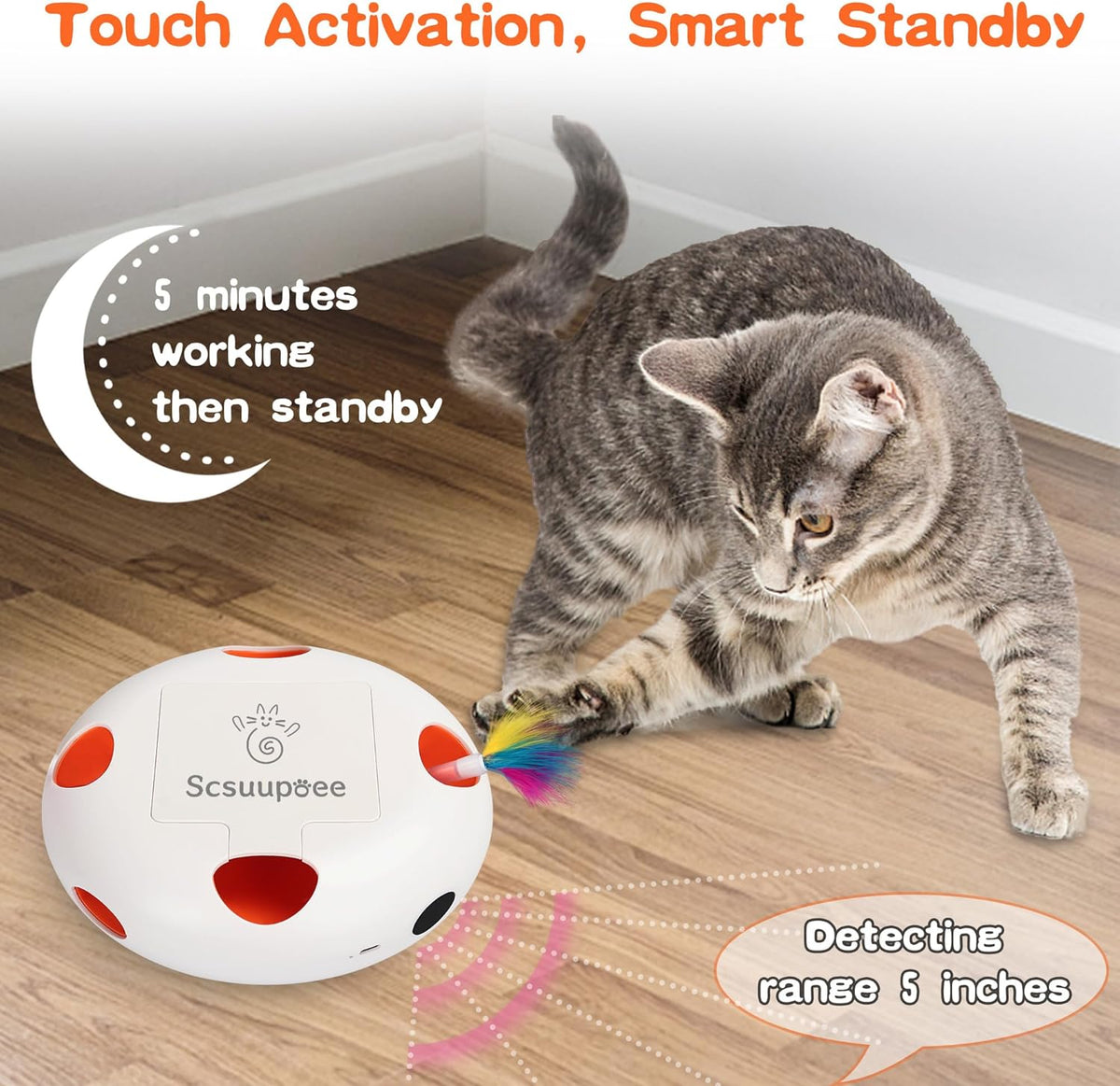 Interactive Cat Toy, Electric Cat Toys for Moving Concealed Feathers, Smart Sensor 7 Holes Whack a Mole Feather Toy, USB Charge Automatic Kitten Toys,White