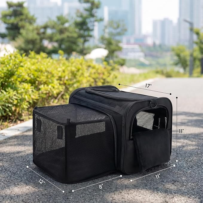 Expandable Airline Approved Cat Carrier with Large Comfort Space Soft Sided Pet Travel Bag Breathable Mesh Safe Structure Foldable Portable Carrier for Small Dogs Cats Vet Trips Flights