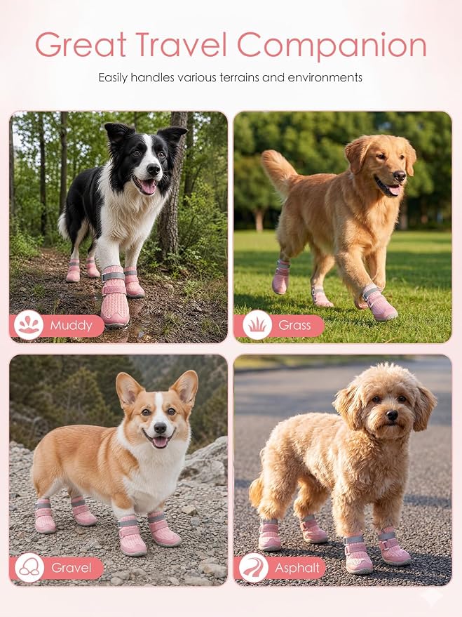 BECEMURU Dog Shoes for Summer, Double-Straps Anti-Slip Dog Boots & Paw Protectors for Hot Pavement, Breathable & Light Weight Outdoor Walking Hiking Pink Size 6