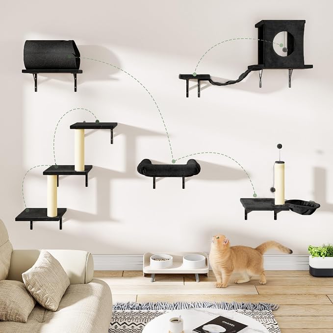7-in-1 Cat Wall Shelves, Cat Climbing Wall Systems, Space-Saving Wall Mounted Cat Shelves for Play & Rest Includes Tunnel, House, Bridge, Steps, Scratcher, Hammock, Shelves, Black