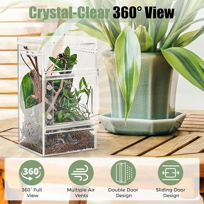 Pre-Assembled Jumping Spider Enclosure 3x3x6 Inch Acrylic Spider Cage Insect Terrarium Bug Enclosure Tarantula Enclosure Reptile Terrarium for Snail, Mantis, Lizard, and Small Reptiles