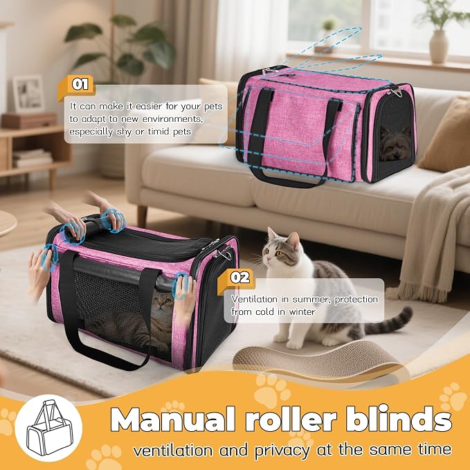 YUDODO 2 Packs 25 lbs Lightproof Soft Sided Pet Carrier for Large Cat & Small Dog Airline Approved Travel Bag Puppy Carriers with Side Pockets & Reflective Mesh, Foldable Portable Pink+Lake Blue
