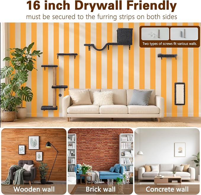 6-in-1 Cat Wall Shelves for Indoor Cats, Wall Mounted Furniture with Bed, Cave, Perch & Scratching Post, Multi-Level Climbing System, Space-Saving Playground, Natural Wood Gray