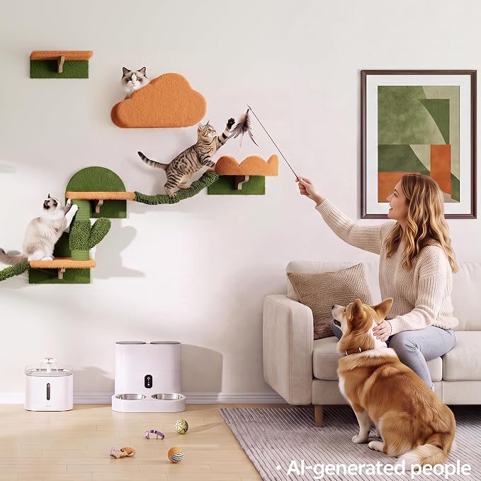 Cactus Floor to Ceiling Cat Tower, 14-in-1 Cat Wall Shelves, Green | Cats Tree with Adjustable Height(87-104 IN), Cat Climbing Wall Furniture Set for 16 Inch Drywall, with Scratching Post, Cloud