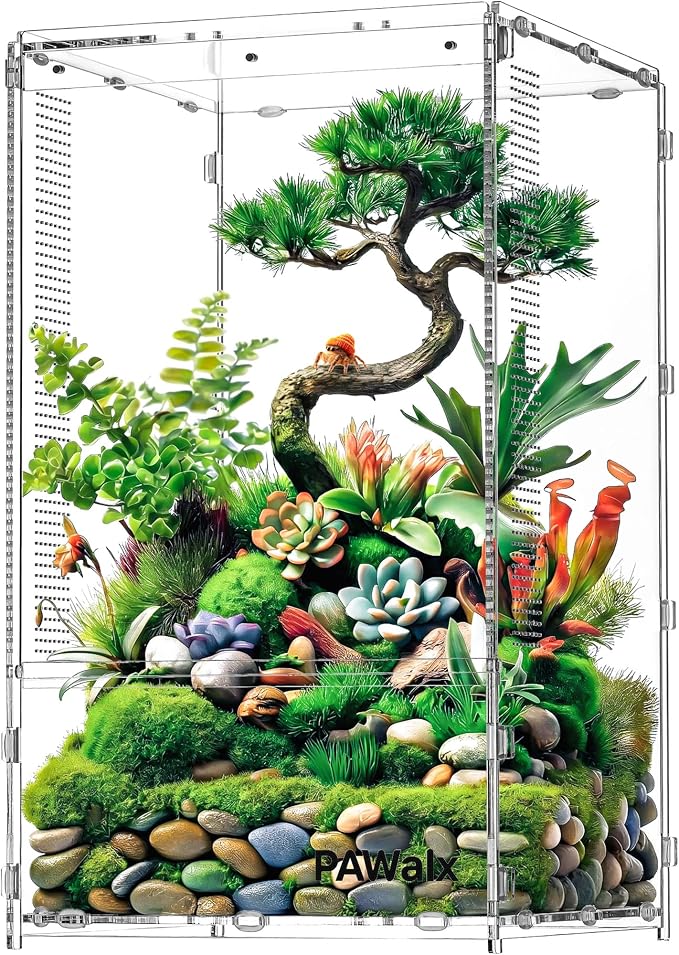 Jumping Spider Enclosure, Acrylic Terrarium with with Magnetic Doors, 0.8mm Micro-Ventilation, Stackable Escape-Proof Habitat for Jumping Spiders, Tarantulas & Small Reptiles, 7.9"x7.9"x13.4"
