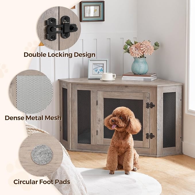 MAHANCRIS Corner Dog Crate Furniture, Wooden Dog Kennel End Table, Decorative Pet Crate Indoor Use, Furniture Style Dog House for Small Medium Dog, Dog Cage TV Stand, Greige and Black DCHG0801