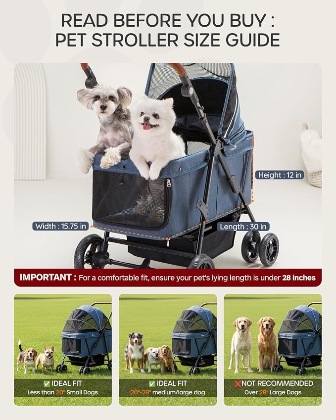 Dog Stroller for Large & Medium Dogs (20–132 lbs), Pet Stroller for 2 Small Dogs, Extra Large Heavy Duty, Foldable & Ventilated, Pink or Navy