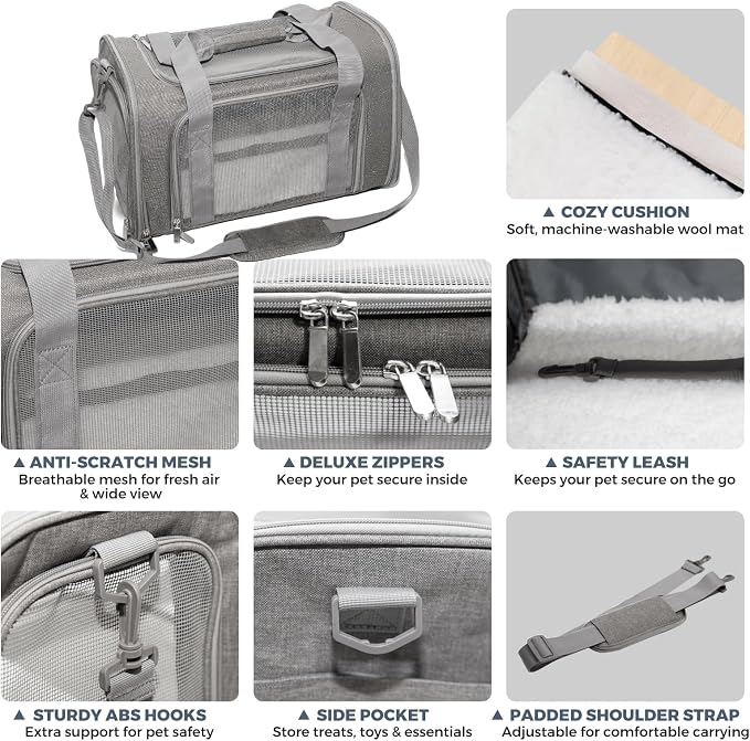 Soft-Sided Cat Carrier Expandable Pet Carrier Airline Approved Mesh Travel Carrier Up to 15lbs for Cats Small Dogs Collapsible Escape-Proof with Shoulder Strap Washable (18x11x11 Gray)