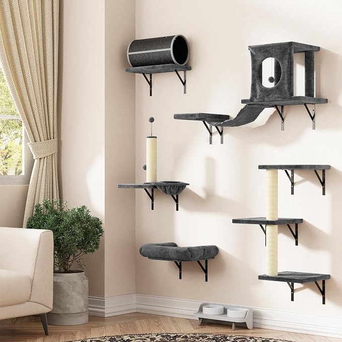 12-in-1 Cat Wall Shelves, Modern Wall-Mounted Cat Furniture, Wooden Climber Includes House, Bridge, Tree, Steps, and Scratcher, Space-Saving Cat Climbing Wall Systems, Dark Gray