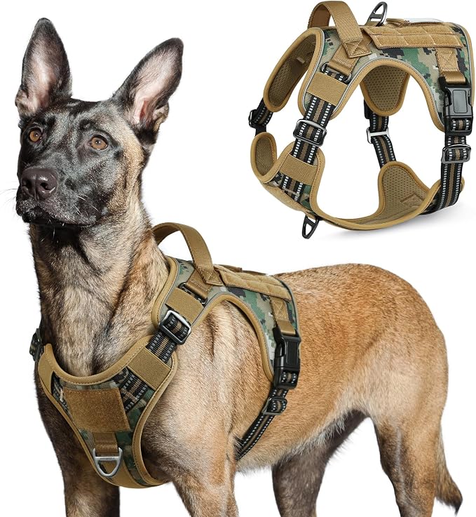 rabbitgoo Tactical Dog Harness for Large, No Pull Military Service Vest | Molle & Handle, Heavy Duty, Adjustable, Reflective Straps, Easy Control for Training Walking, Brown camo, Large