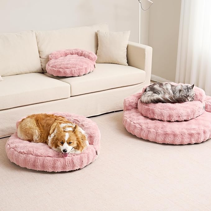 EHEYCIGA Soft Cat Couch Bed for Indoor Cats, Fluffy Small Dog Bed with Removable Washable Cover, Bolster Pet Sofa, Waterproof and Non-Slip, 23" x 23"x 7", Pink